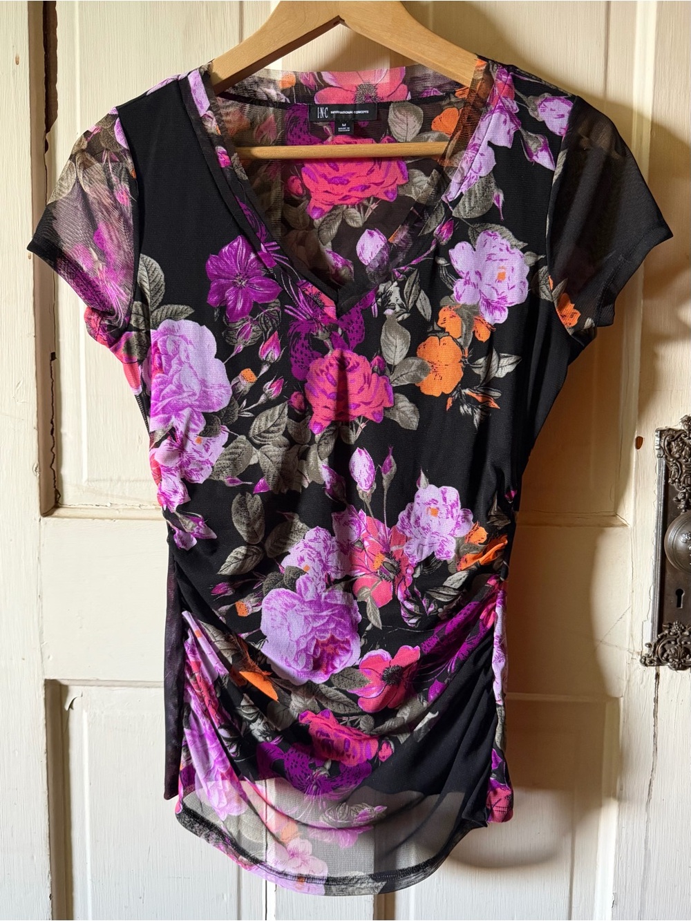 INC International Concepts Floral Mesh Ruched Top Medium Pink Purple Sheer